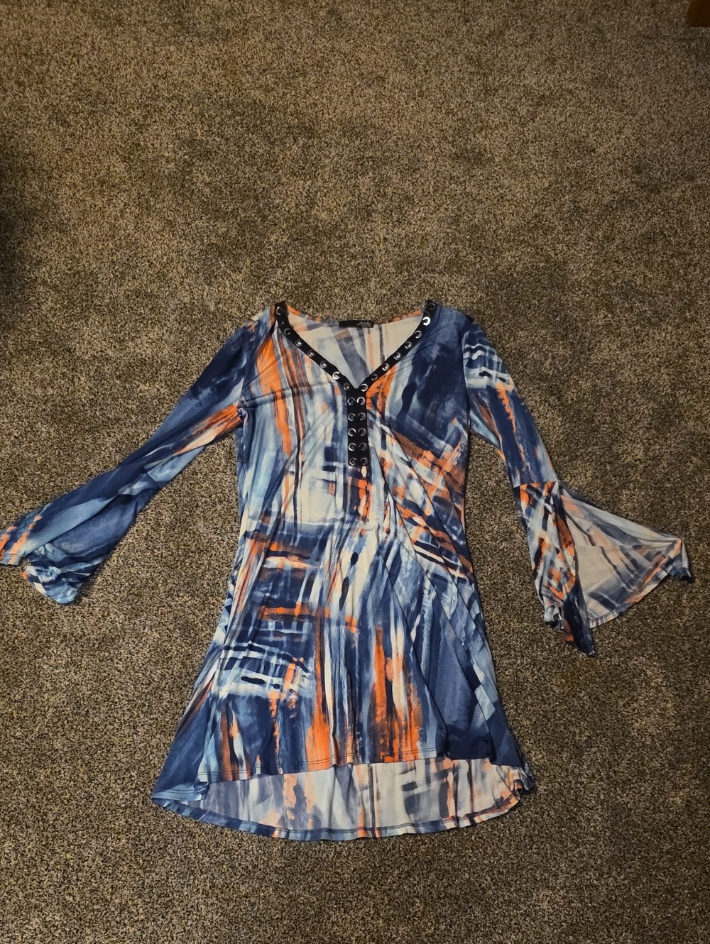 Ariella Blue and Orange Abstract Lace-Up Bell Sleeve Dress